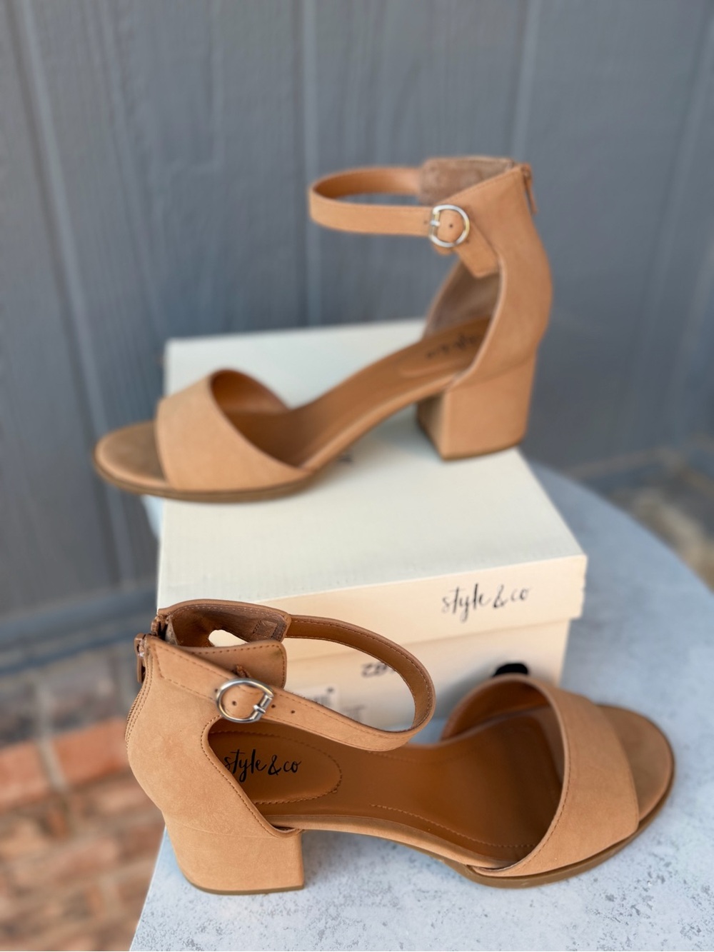 Style & Co. Biscuit tan/camel Colored suede Ankle-Strap Block Heel Sandals